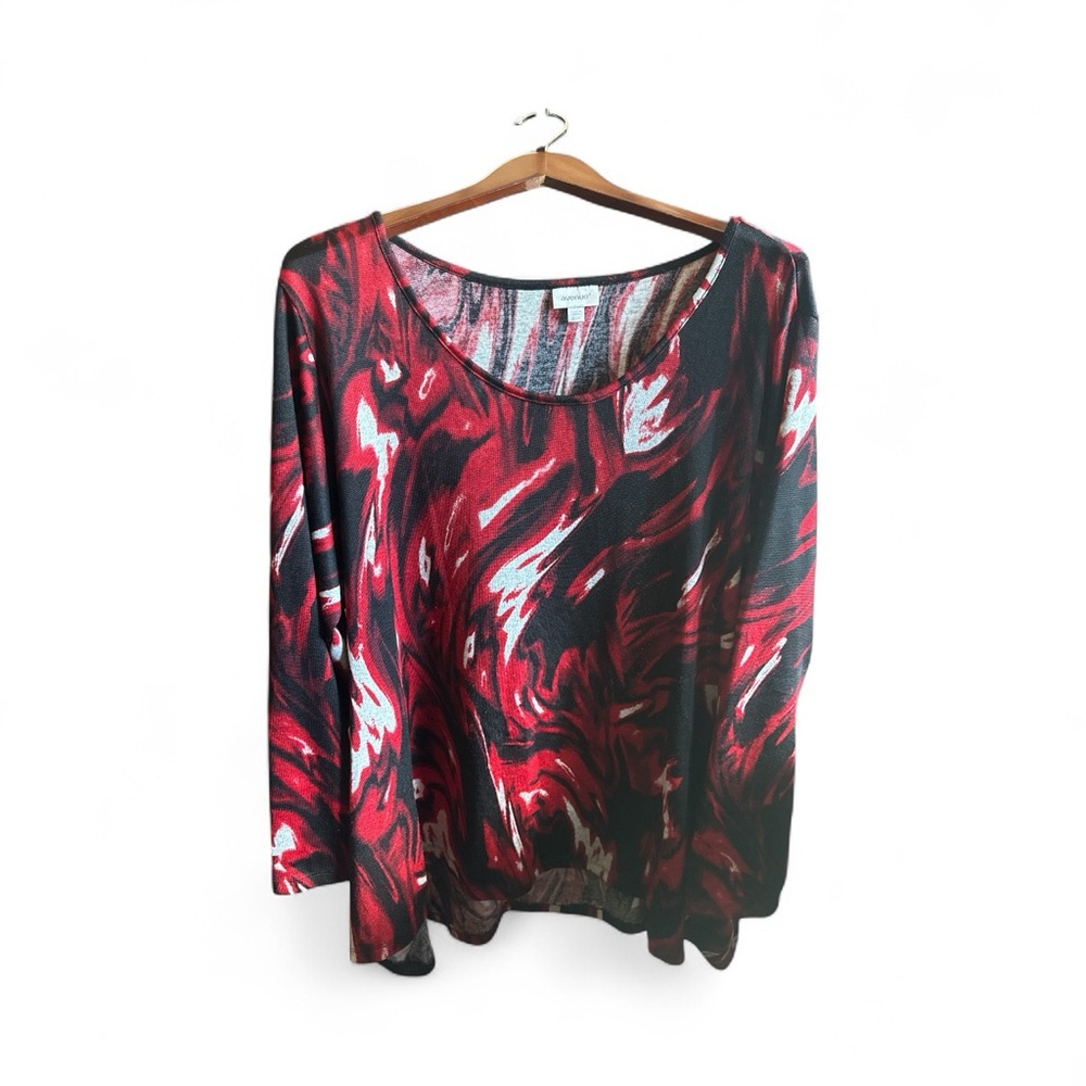 Avenue Womens Size 22/24 Red and Black Swirl Long Sleeve Tunic Blouse Casual Top